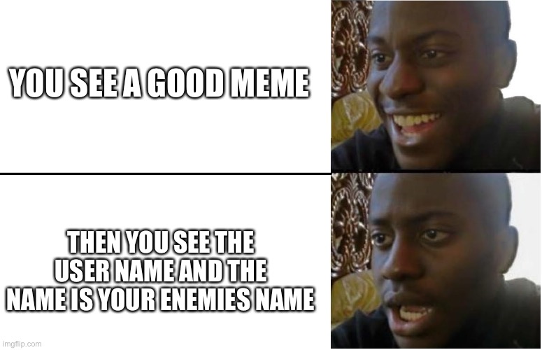 Disappointed Black Guy |  YOU SEE A GOOD MEME; THEN YOU SEE THE USER NAME AND THE NAME IS YOUR ENEMIES NAME | image tagged in disappointed black guy | made w/ Imgflip meme maker