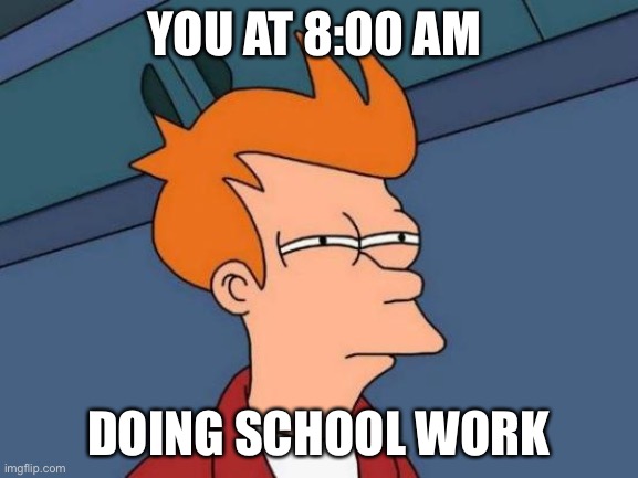 Futurama Fry | YOU AT 8:00 AM; DOING SCHOOL WORK | image tagged in memes,futurama fry | made w/ Imgflip meme maker