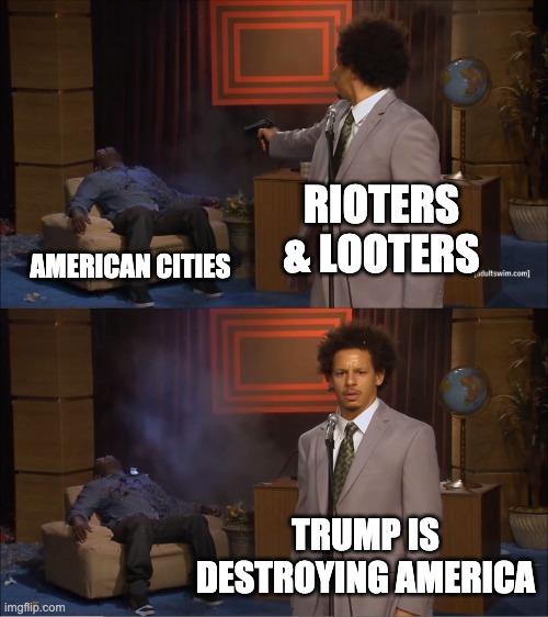 Projecting 101 | RIOTERS & LOOTERS; AMERICAN CITIES; TRUMP IS DESTROYING AMERICA | image tagged in memes,who killed hannibal | made w/ Imgflip meme maker