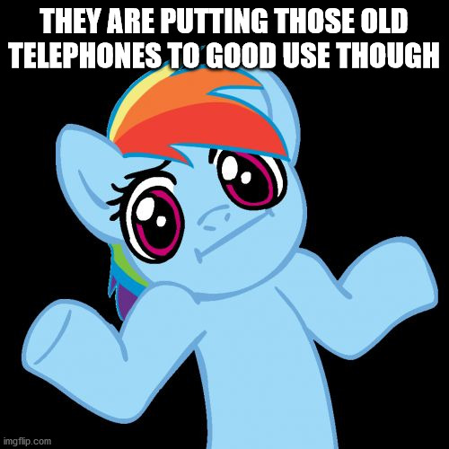 Pony Shrugs Meme | THEY ARE PUTTING THOSE OLD TELEPHONES TO GOOD USE THOUGH | image tagged in memes,pony shrugs | made w/ Imgflip meme maker