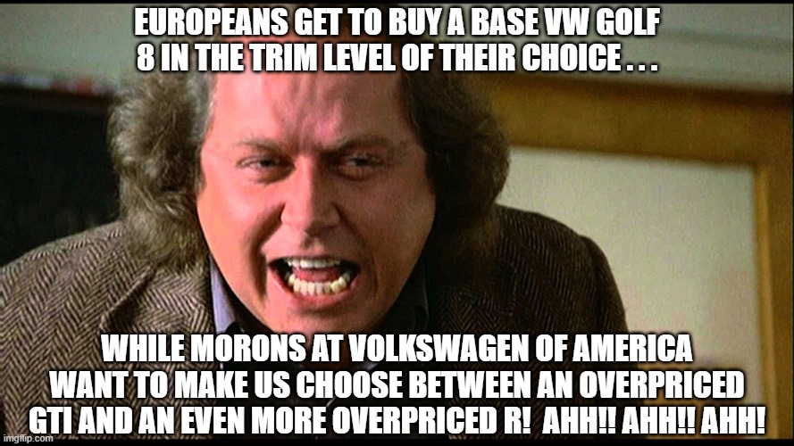 Sam Kinison Professor Terguson Mark 8 Golf | EUROPEANS GET TO BUY A BASE VW GOLF 8 IN THE TRIM LEVEL OF THEIR CHOICE . . . WHILE MORONS AT VOLKSWAGEN OF AMERICA WANT TO MAKE US CHOOSE BETWEEN AN OVERPRICED GTI AND AN EVEN MORE OVERPRICED R!  AHH!! AHH!! AHH! | image tagged in sam kinison professor terguson,vw golf,golf 8,bring the base mark 8 golf to america | made w/ Imgflip meme maker