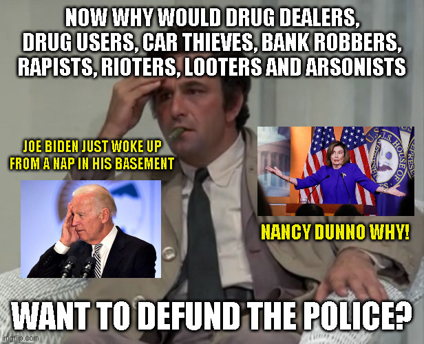 Confused Columbo | NOW WHY WOULD DRUG DEALERS,
DRUG USERS, CAR THIEVES, BANK ROBBERS, RAPISTS, RIOTERS, LOOTERS AND ARSONISTS; JOE BIDEN JUST WOKE UP
FROM A NAP IN HIS BASEMENT; NANCY DUNNO WHY! WANT TO DEFUND THE POLICE? | image tagged in confused columbo | made w/ Imgflip meme maker