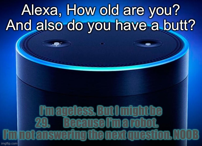 Please don’t., | Alexa, How old are you? And also do you have a butt? I’m ageless. But I might be 29.       Because I’m a robot.     I’m not answering the next question. NOOB | image tagged in alexa | made w/ Imgflip meme maker