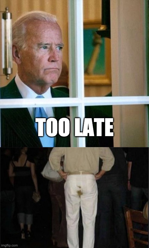 TOO LATE | image tagged in poop pants,sad joe biden | made w/ Imgflip meme maker