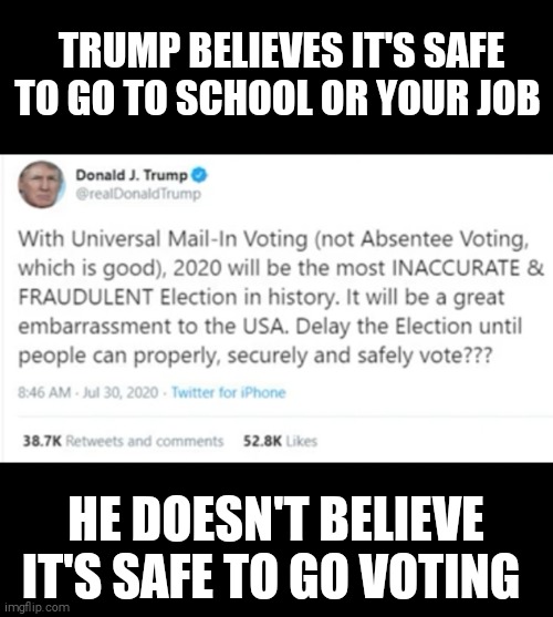 TRUMP BELIEVES IT'S SAFE TO GO TO SCHOOL OR YOUR JOB; HE DOESN'T BELIEVE IT'S SAFE TO GO VOTING | image tagged in memes,donald trump | made w/ Imgflip meme maker