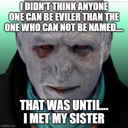 Voldemort V.S my sister | I DIDN'T THINK ANYONE ONE CAN BE EVILER THAN THE ONE WHO CAN NOT BE NAMED.... THAT WAS UNTIL... I MET MY SISTER | image tagged in evil | made w/ Imgflip meme maker