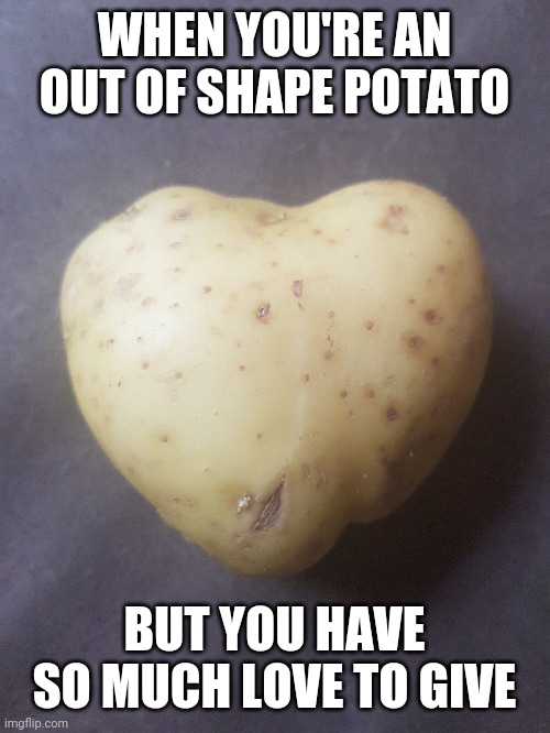 Potato heart | WHEN YOU'RE AN OUT OF SHAPE POTATO; BUT YOU HAVE SO MUCH LOVE TO GIVE | image tagged in potato | made w/ Imgflip meme maker