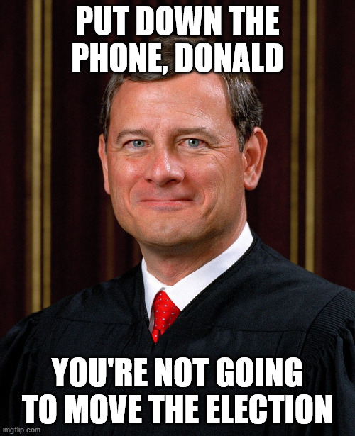 Justice John Roberts | PUT DOWN THE PHONE, DONALD; YOU'RE NOT GOING TO MOVE THE ELECTION | image tagged in justice john roberts | made w/ Imgflip meme maker