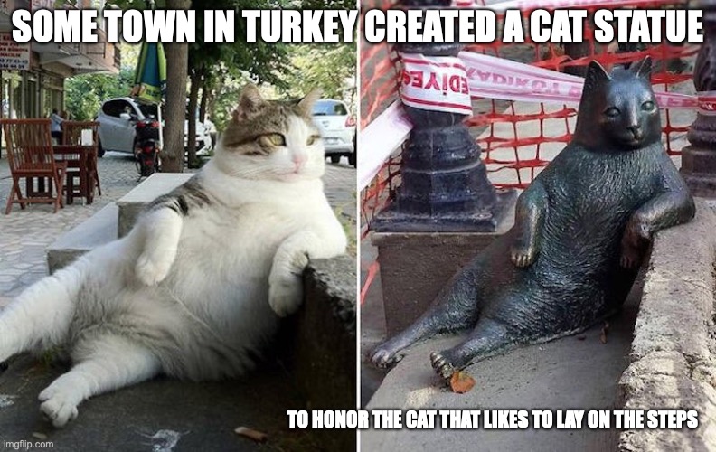 Cat Statue |  SOME TOWN IN TURKEY CREATED A CAT STATUE; TO HONOR THE CAT THAT LIKES TO LAY ON THE STEPS | image tagged in cats,statue,memes | made w/ Imgflip meme maker