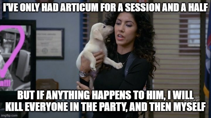 Rosa Dog Meme | I'VE ONLY HAD ARTICUM FOR A SESSION AND A HALF; BUT IF ANYTHING HAPPENS TO HIM, I WILL KILL EVERYONE IN THE PARTY, AND THEN MYSELF | image tagged in rosa dog meme | made w/ Imgflip meme maker