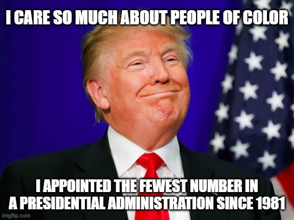 Trump Smile | I CARE SO MUCH ABOUT PEOPLE OF COLOR I APPOINTED THE FEWEST NUMBER IN A PRESIDENTIAL ADMINISTRATION SINCE 1981 | image tagged in trump smile | made w/ Imgflip meme maker