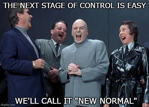 new normal | THE NEXT STAGE OF CONTROL IS EASY; WE'LL CALL IT "NEW NORMAL" | image tagged in memes,laughing villains | made w/ Imgflip meme maker