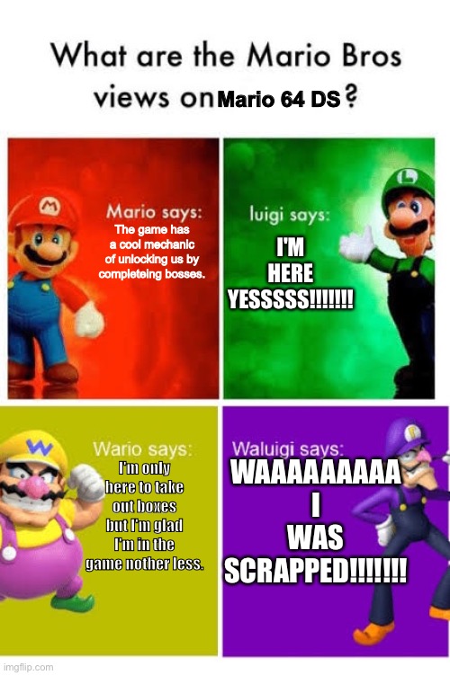 can the leakers find waluigi in this game like luigi? | Mario 64 DS; I'M HERE YESSSSS!!!!!!! The game has a cool mechanic of unlocking us by completeing bosses. WAAAAAAAAA I WAS SCRAPPED!!!!!!! I'm only here to take out boxes but I'm glad I'm in the game nother less. | image tagged in mario broz misc views | made w/ Imgflip meme maker