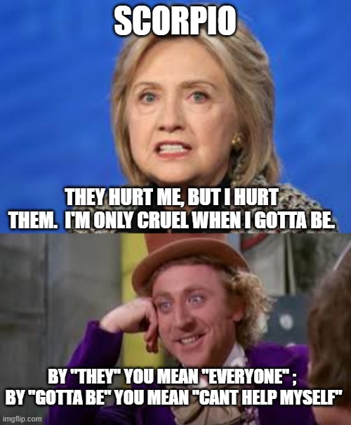 Hillary Scorpio | SCORPIO; THEY HURT ME, BUT I HURT THEM.  I'M ONLY CRUEL WHEN I GOTTA BE. BY "THEY" YOU MEAN "EVERYONE" ;  BY "GOTTA BE" YOU MEAN "CANT HELP MYSELF" | image tagged in hillary clinton | made w/ Imgflip meme maker