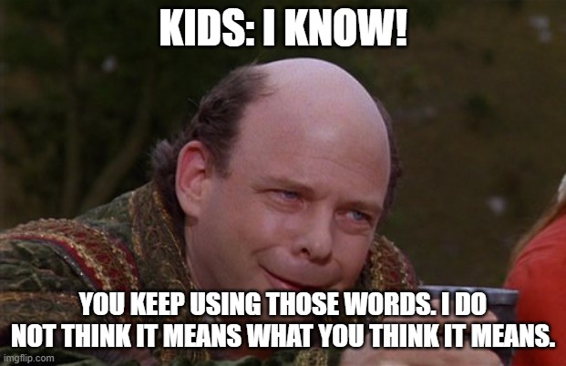 I know | KIDS: I KNOW! YOU KEEP USING THOSE WORDS. I DO NOT THINK IT MEANS WHAT YOU THINK IT MEANS. | image tagged in kids,i know | made w/ Imgflip meme maker