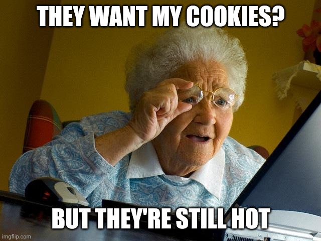 my cookies r hot! | THEY WANT MY COOKIES? BUT THEY'RE STILL HOT | image tagged in memes,grandma finds the internet | made w/ Imgflip meme maker