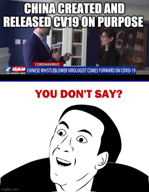 Politics and stuff | CHINA CREATED AND RELEASED CV19 ON PURPOSE | image tagged in memes,you don't say | made w/ Imgflip meme maker