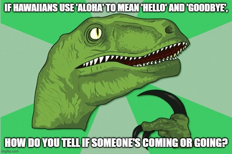 new philosoraptor | IF HAWAIIANS USE 'ALOHA' TO MEAN 'HELLO' AND 'GOODBYE', HOW DO YOU TELL IF SOMEONE'S COMING OR GOING? | image tagged in new philosoraptor | made w/ Imgflip meme maker