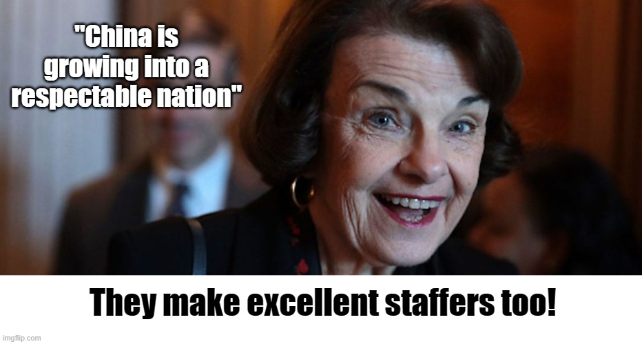 Employing Chinese Spies for 20 years has an effect on your outlook | "China is growing into a respectable nation"; They make excellent staffers too! | image tagged in diane feinstein,china | made w/ Imgflip meme maker