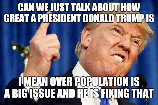 Donald Trump | CAN WE JUST TALK ABOUT HOW GREAT A PRESIDENT DONALD TRUMP IS; I MEAN OVER POPULATION IS A BIG ISSUE AND HE IS FIXING THAT | image tagged in donald trump | made w/ Imgflip meme maker