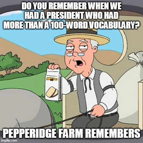 Pepperidge Farm Remembers Meme | DO YOU REMEMBER WHEN WE HAD A PRESIDENT WHO HAD MORE THAN A 100-WORD VOCABULARY? PEPPERIDGE FARM REMEMBERS | image tagged in memes,pepperidge farm remembers | made w/ Imgflip meme maker