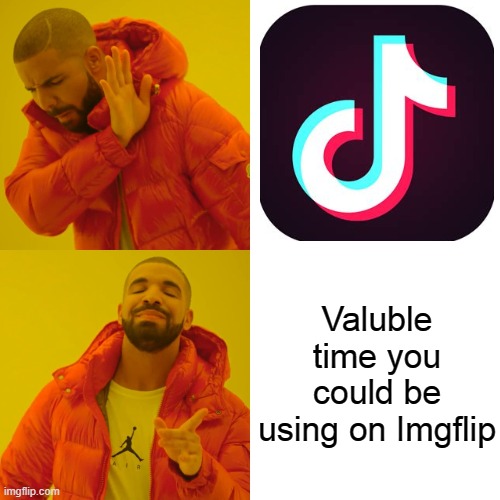 TIK TOC IS A WASTE OF VALUABLE TIME!!!!!!!!!!!!!!!!!!!!!!!!! | Valuble time you could be using on Imgflip | image tagged in memes,drake hotline bling | made w/ Imgflip meme maker
