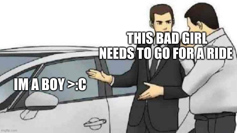 Car Salesman Slaps Roof Of Car Meme | THIS BAD GIRL NEEDS TO GO FOR A RIDE; IM A BOY >:C | image tagged in memes,car salesman slaps roof of car | made w/ Imgflip meme maker