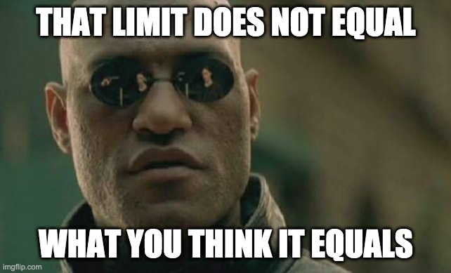 limit value | THAT LIMIT DOES NOT EQUAL; WHAT YOU THINK IT EQUALS | image tagged in memes,matrix morpheus | made w/ Imgflip meme maker