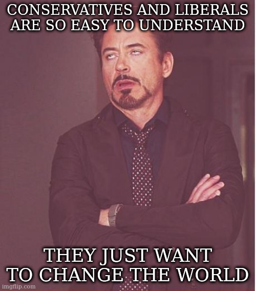 some for the better, some for the worse depending on your point of view | CONSERVATIVES AND LIBERALS ARE SO EASY TO UNDERSTAND; THEY JUST WANT TO CHANGE THE WORLD | image tagged in memes,face you make robert downey jr,conservatives,liberals,can still be fun,making fun of politics | made w/ Imgflip meme maker