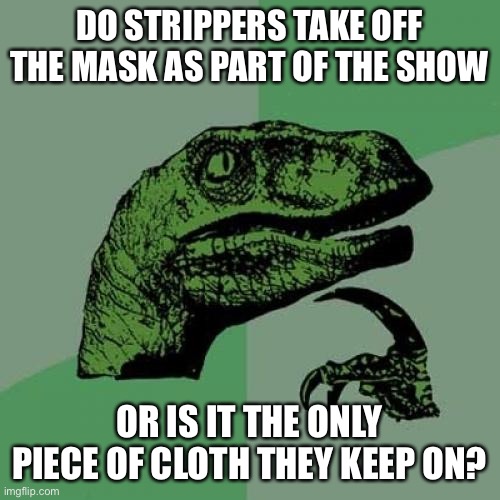 Strippers wearing mask | DO STRIPPERS TAKE OFF THE MASK AS PART OF THE SHOW; OR IS IT THE ONLY PIECE OF CLOTH THEY KEEP ON? | image tagged in memes,philosoraptor | made w/ Imgflip meme maker