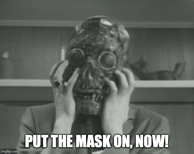 Put The Mask On! | PUT THE MASK ON, NOW! | image tagged in the mask,b-movie,canadian horror | made w/ Imgflip meme maker