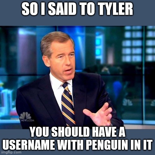Brian Williams Was There 2 |  SO I SAID TO TYLER; YOU SHOULD HAVE A USERNAME WITH PENGUIN IN IT | image tagged in memes,brian williams was there 2,tylerpenguinpoo,new core memory | made w/ Imgflip meme maker