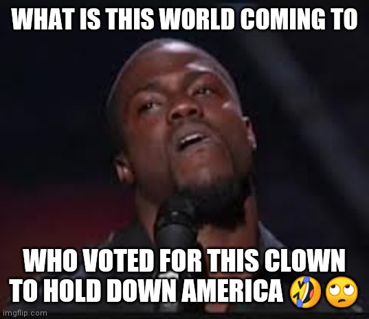 Jroc113 | WHAT IS THIS WORLD COMING TO; WHO VOTED FOR THIS CLOWN TO HOLD DOWN AMERICA 🤣🙄 | image tagged in kevin hart | made w/ Imgflip meme maker