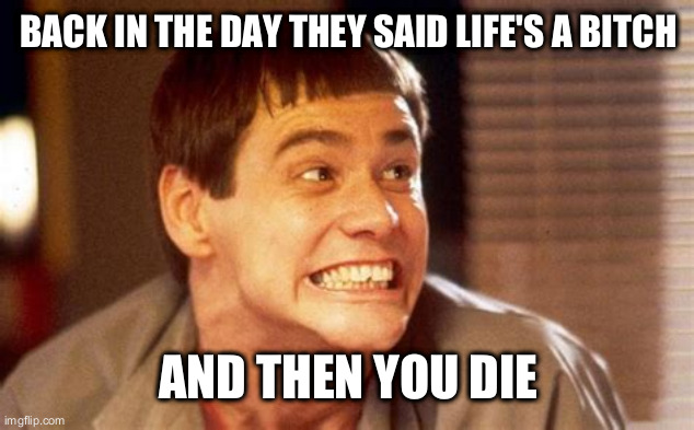 way way back | BACK IN THE DAY THEY SAID LIFE'S A BITCH AND THEN YOU DIE | image tagged in jim | made w/ Imgflip meme maker