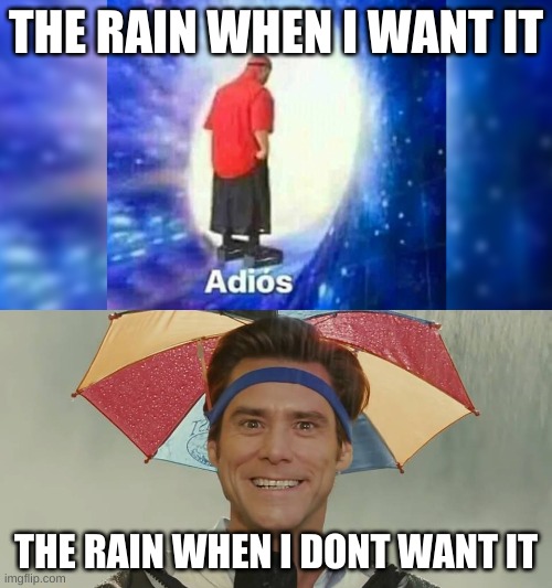 THE RAIN WHEN I WANT IT; THE RAIN WHEN I DONT WANT IT | image tagged in jim carrey in bruce almighty | made w/ Imgflip meme maker