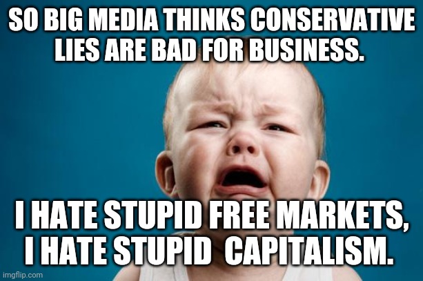 Conservatives hate free markets | SO BIG MEDIA THINKS CONSERVATIVE LIES ARE BAD FOR BUSINESS. I HATE STUPID FREE MARKETS, I HATE STUPID  CAPITALISM. | image tagged in trump supporters,msm lies,conservatives,blm,facebook,trump | made w/ Imgflip meme maker