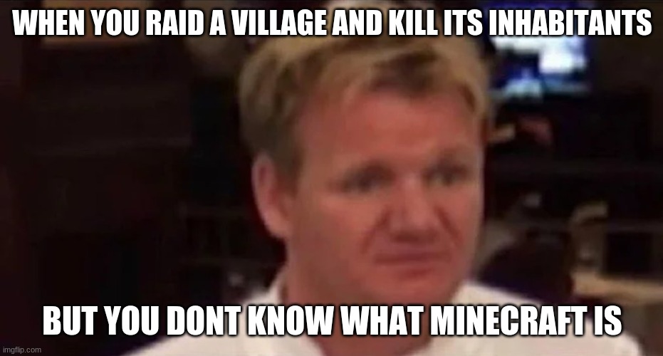 Disgusted Gordon Ramsay | WHEN YOU RAID A VILLAGE AND KILL ITS INHABITANTS; BUT YOU DONT KNOW WHAT MINECRAFT IS | image tagged in disgusted gordon ramsay | made w/ Imgflip meme maker