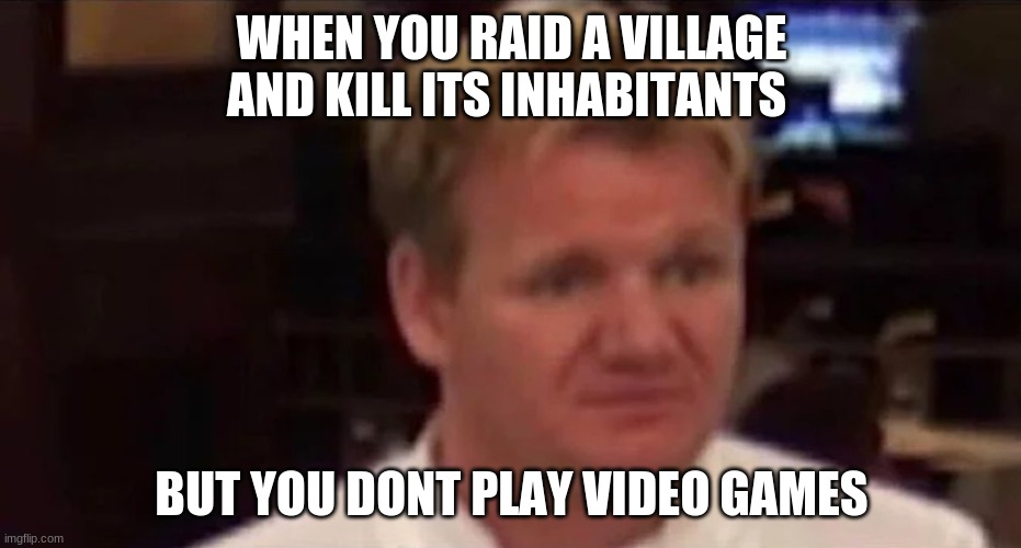 Disgusted Gordon Ramsay | WHEN YOU RAID A VILLAGE AND KILL ITS INHABITANTS; BUT YOU DONT PLAY VIDEO GAMES | image tagged in disgusted gordon ramsay | made w/ Imgflip meme maker