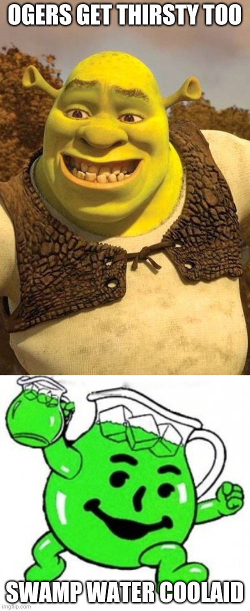 shrek is thursty | OGERS GET THIRSTY TOO; SWAMP WATER COOLAID | image tagged in smiling shrek,swampwater flavored koolaid | made w/ Imgflip meme maker