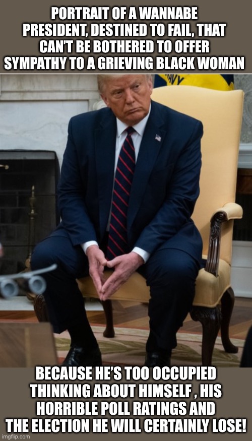 Defeated | PORTRAIT OF A WANNABE PRESIDENT, DESTINED TO FAIL, THAT CAN’T BE BOTHERED TO OFFER SYMPATHY TO A GRIEVING BLACK WOMAN; BECAUSE HE’S TOO OCCUPIED THINKING ABOUT HIMSELF , HIS HORRIBLE POLL RATINGS AND THE ELECTION HE WILL CERTAINLY LOSE! | image tagged in donald trump,defeated | made w/ Imgflip meme maker