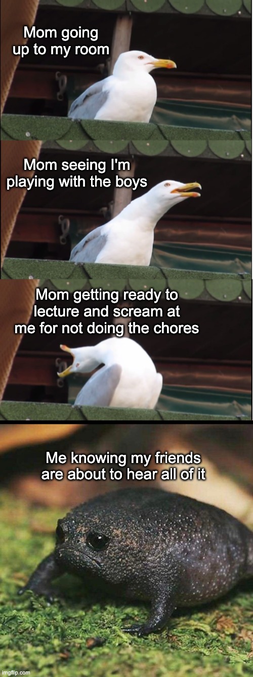 Sad noises | Mom going up to my room; Mom seeing I'm playing with the boys; Mom getting ready to lecture and scream at me for not doing the chores; Me knowing my friends are about to hear all of it | image tagged in funny,relatable | made w/ Imgflip meme maker