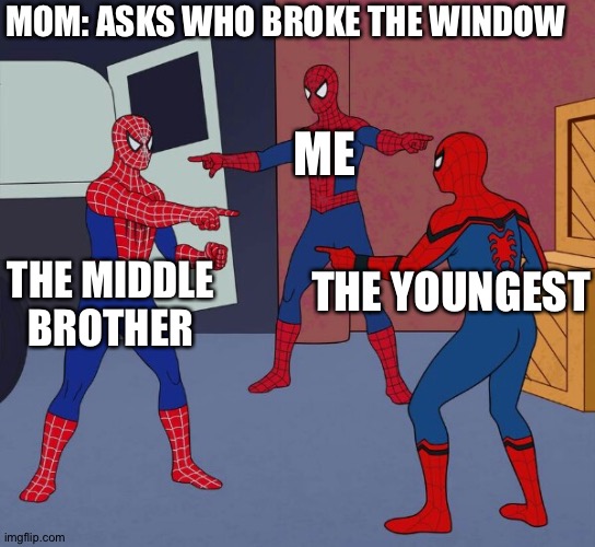 Spider Man Triple | MOM: ASKS WHO BROKE THE WINDOW; ME; THE YOUNGEST; THE MIDDLE BROTHER | image tagged in spider man triple | made w/ Imgflip meme maker