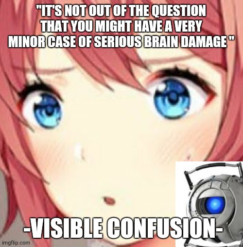 ddlc | "IT'S NOT OUT OF THE QUESTION THAT YOU MIGHT HAVE A VERY MINOR CASE OF SERIOUS BRAIN DAMAGE "; -VISIBLE CONFUSION- | image tagged in ddlc | made w/ Imgflip meme maker