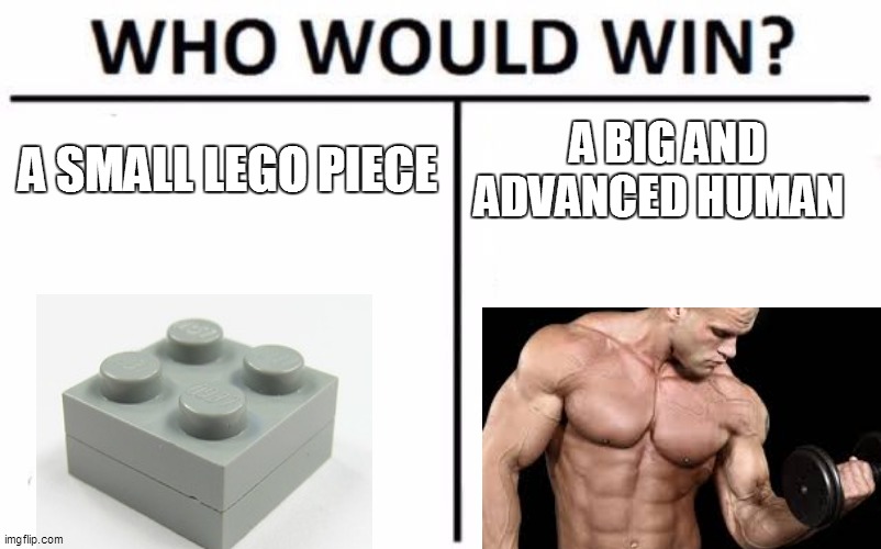 Surely the lego piece :) | A SMALL LEGO PIECE; A BIG AND ADVANCED HUMAN | image tagged in memes,who would win,lego | made w/ Imgflip meme maker