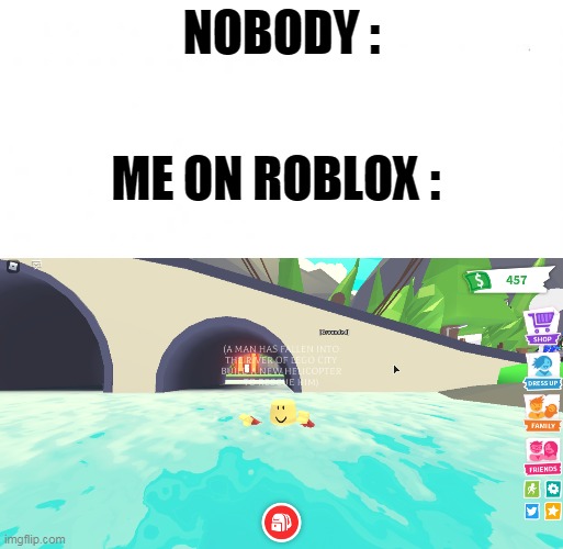 A MAN HAS FALLEN IN THE RIVER OF LEGO CITY ! | NOBODY :; ME ON ROBLOX : | image tagged in en blanco | made w/ Imgflip meme maker