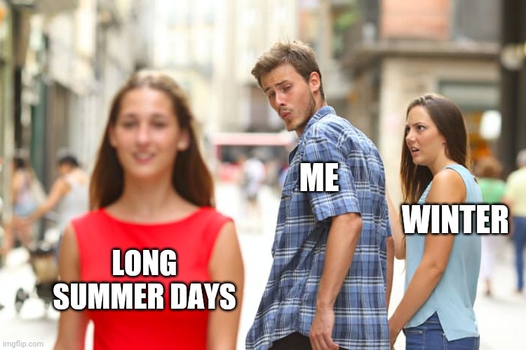 Seasonal Favoring | ME; WINTER; LONG SUMMER DAYS | image tagged in memes,distracted boyfriend,winter,summer,funny memes | made w/ Imgflip meme maker