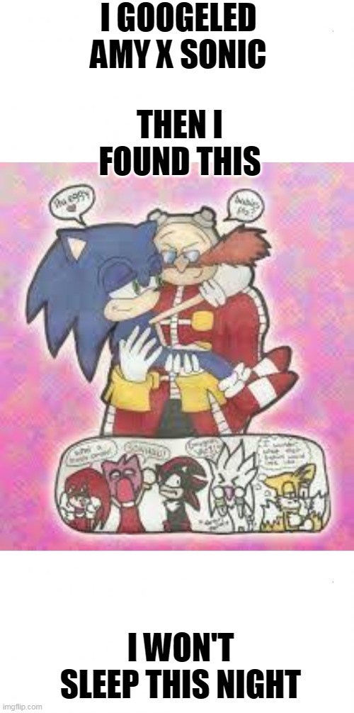 i won't sleep this night please help me remove this cursed image from my brain pls | I GOOGELED AMY X SONIC; THEN I FOUND THIS; I WON'T SLEEP THIS NIGHT | image tagged in en blanco,oh wow are you actually reading these tags,sonic,eggs | made w/ Imgflip meme maker