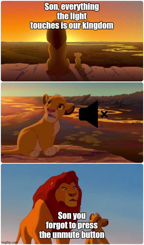 Simba forgot to unmute | Son, everything the light touches is our kingdom; Son you forgot to press the unmute button | image tagged in lion king meme | made w/ Imgflip meme maker
