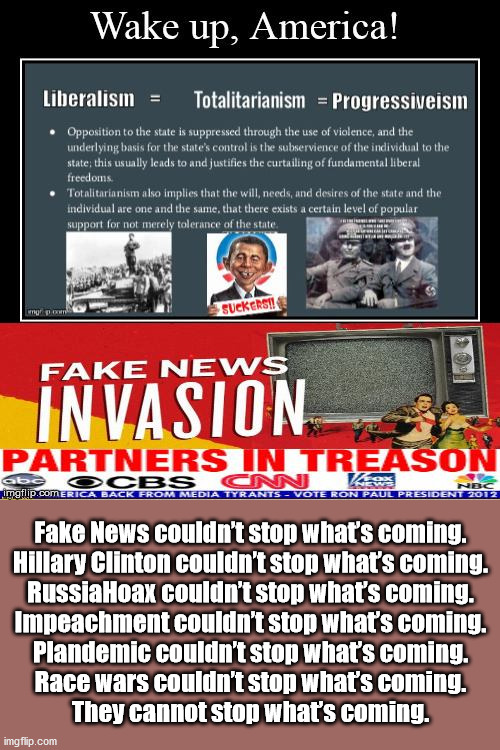 Fake News Invasion | Fake News couldn’t stop what’s coming.

Hillary Clinton couldn’t stop what’s coming.

RussiaHoax couldn’t stop what’s coming.

Impeachment couldn’t stop what’s coming.

Plandemic couldn’t stop what’s coming.

Race wars couldn’t stop what’s coming.

They cannot stop what’s coming. | image tagged in fake news,cnn,propaganda,obamagate,clinton | made w/ Imgflip meme maker
