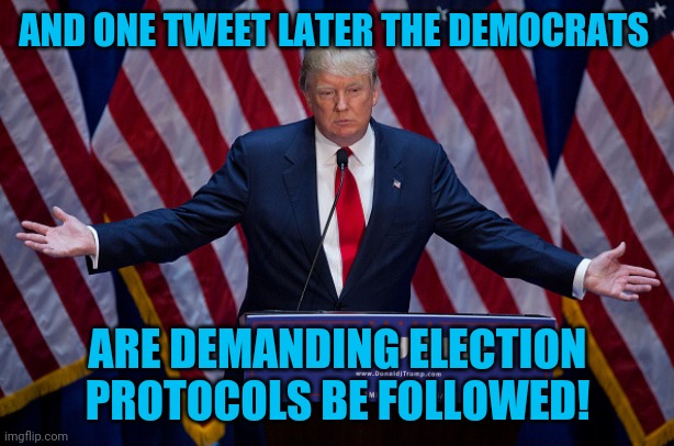 Didn't Hilary fall into a trap like this? | AND ONE TWEET LATER THE DEMOCRATS; ARE DEMANDING ELECTION PROTOCOLS BE FOLLOWED! | image tagged in donald trump,election 2020,voter fraud | made w/ Imgflip meme maker